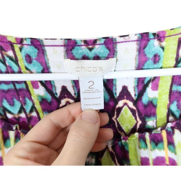 CHICOS 2 L Rayon Purple Green Abstract Print Ruffle Neck 3/4 Sleeve Knit Top - Picture 5 of 5